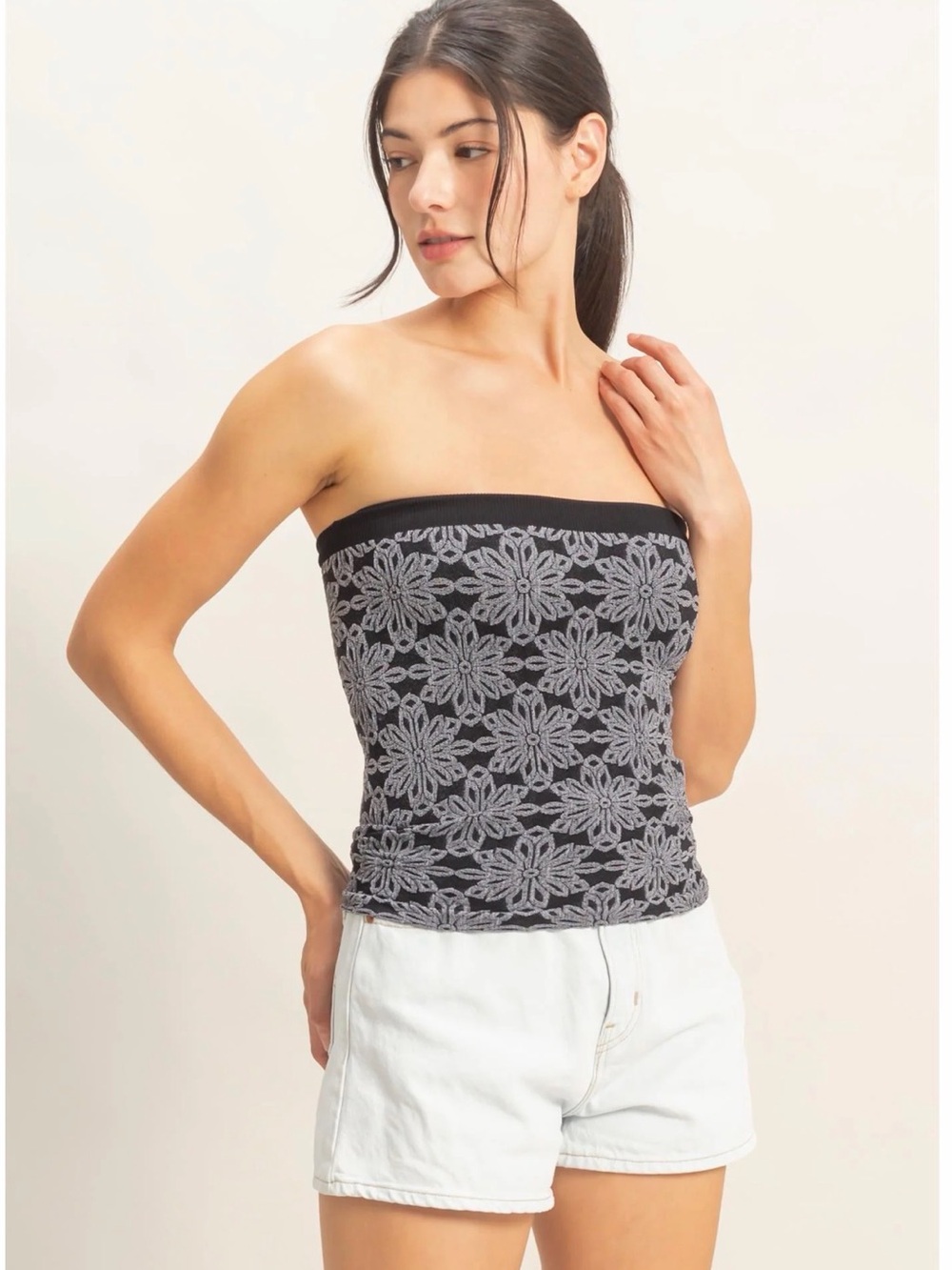 HYFVE Black Floral Jacquard Tube Top with Shelf Bra – Size Small